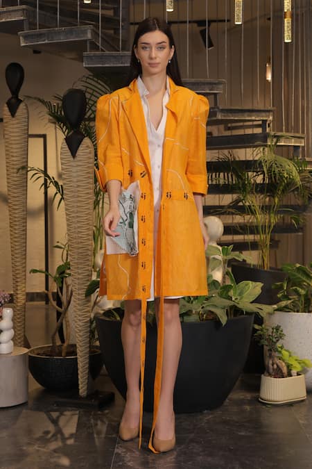 Ankur J_Orange Cotton Collared Crochet Overlay Dress _Online_at_Aza_Fashions