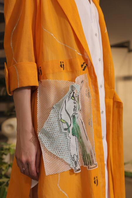 Buy_Ankur J_Orange Cotton Collared Crochet Overlay Dress _Online_at_Aza_Fashions