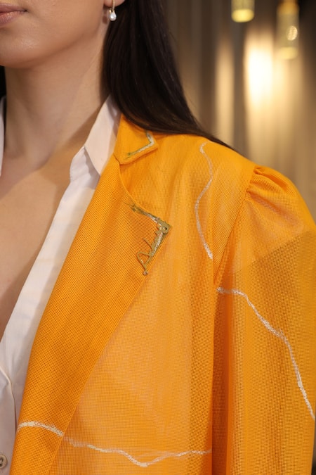 Ankur J_Orange Cotton Collared Crochet Overlay Dress _at_Aza_Fashions