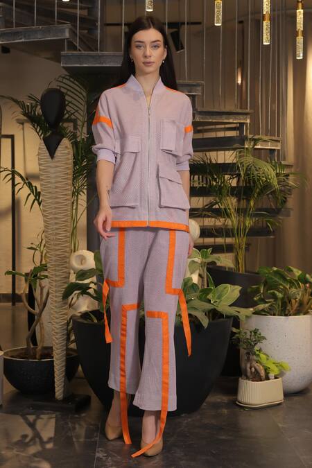 Ankur J_Lavender Cotton Collared Crochet Bomber Shirt And Pant Set _Online_at_Aza_Fashions