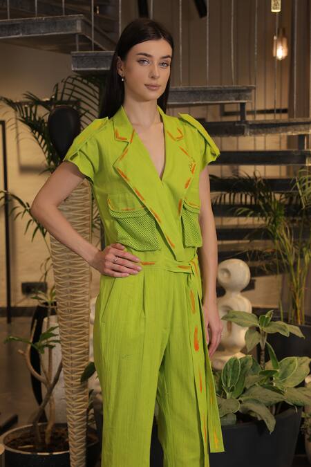 Ankur J_Green Linen Embroidery Collared Designer Jumpsuit With Belt _Online_at_Aza_Fashions