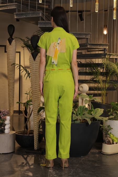 Ankur J Designer Green Linen Jumpsuit With Belt 