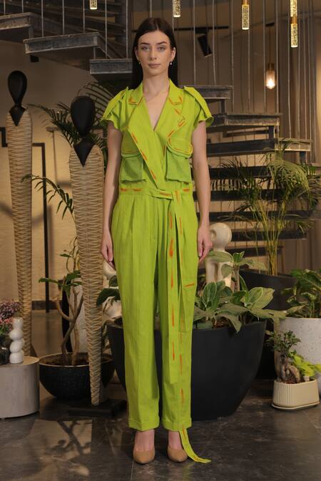 Shop_Ankur J_Green Linen Embroidery Collared Designer Jumpsuit With Belt _Online_at_Aza_Fashions