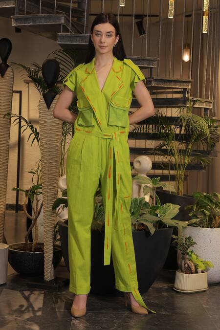 Ankur J_Green Linen Embroidery Collared Designer Jumpsuit With Belt _at_Aza_Fashions