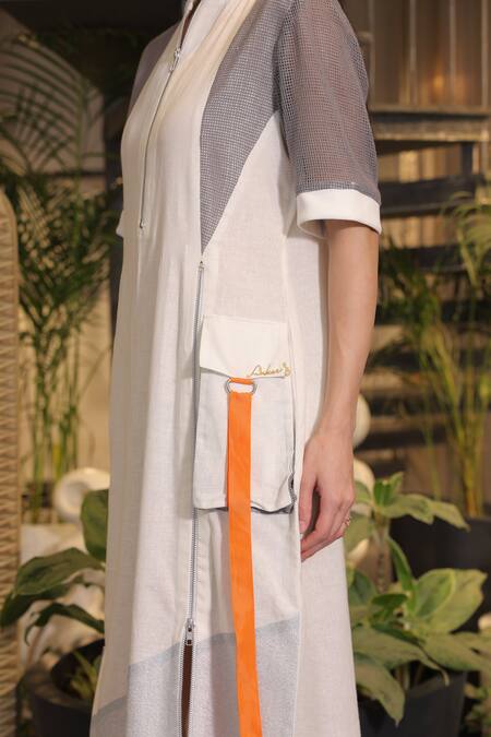 Buy_Ankur J_White Linen Split V-neck Designer Crochet Dress _Online_at_Aza_Fashions