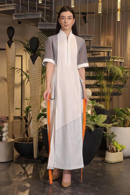 Shop_Ankur J_White Linen Split V-neck Designer Crochet Dress _Online_at_Aza_Fashions