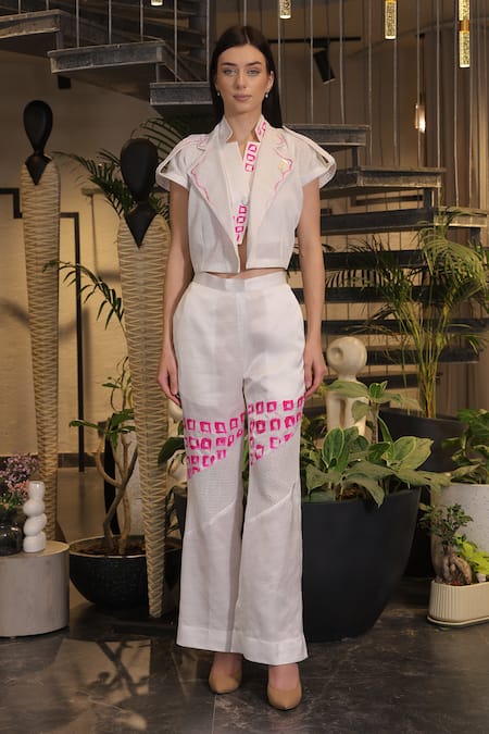 Ankur J_White Modal, Satin Open Neck Designer Jacket And Pant Set _at_Aza_Fashions