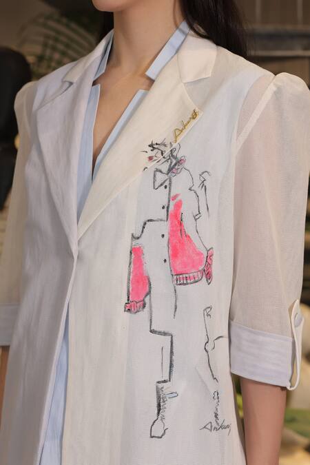 Ankur J_Blue Cotton Collared Designer Crochet Overlay Dress _at_Aza_Fashions