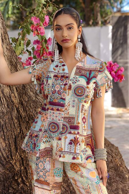 Shop_Ankur J_Multi Color Silk Tassels V-neck Print Peplum Jacket And Pant Set _Online_at_Aza_Fashions