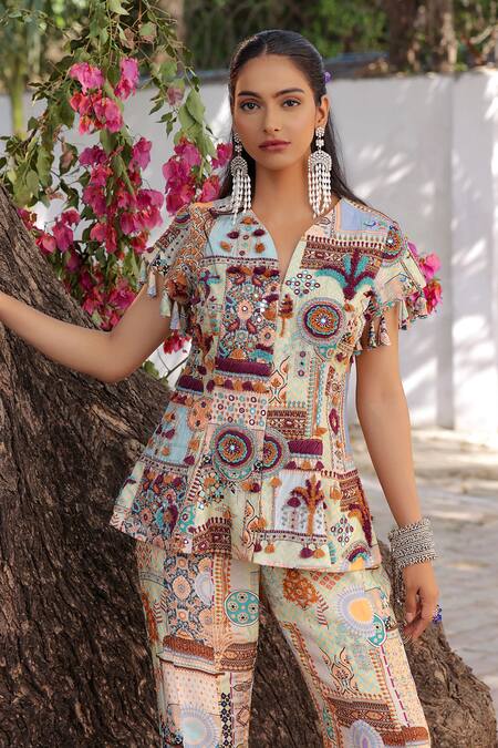 Buy_Ankur J_Multi Color Silk Tassels V-neck Print Peplum Jacket And Pant Set 
