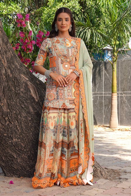 Ankur J Multi-Pattern Georgette Kurta Sharara Set 