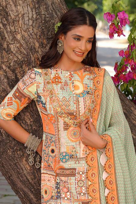 Buy_Ankur J_Multi Color Georgette Embroidery Round Neck Multi-pattern Kurta Sharara Set _Online_at_Aza_Fashions