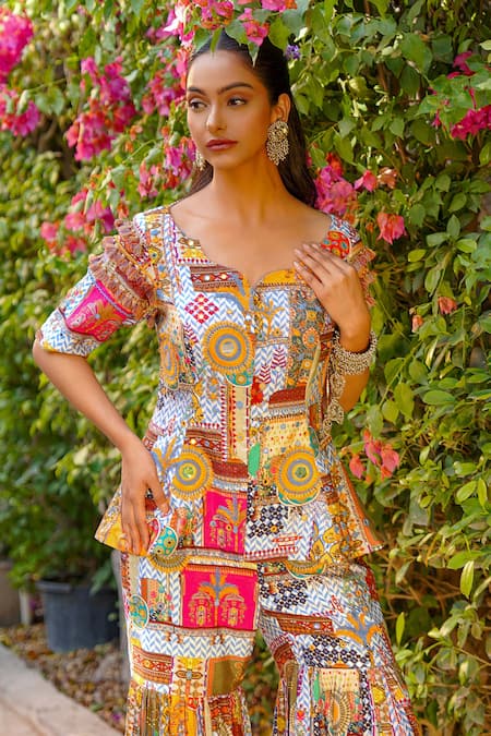 Ankur J_Multi Color Silk Embroidery Square Neck Print Designer Kurta And Sharara Set _Online_at_Aza_Fashions