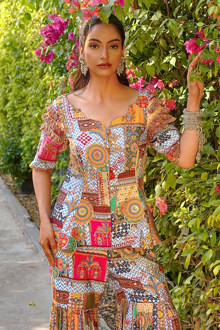 Buy_Ankur J_Multi Color Silk Embroidery Square Neck Print Designer Kurta And Sharara Set _Online_at_Aza_Fashions