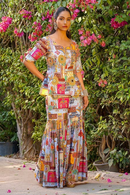 Shop_Ankur J_Multi Color Silk Embroidery Square Neck Print Designer Kurta And Sharara Set _Online_at_Aza_Fashions