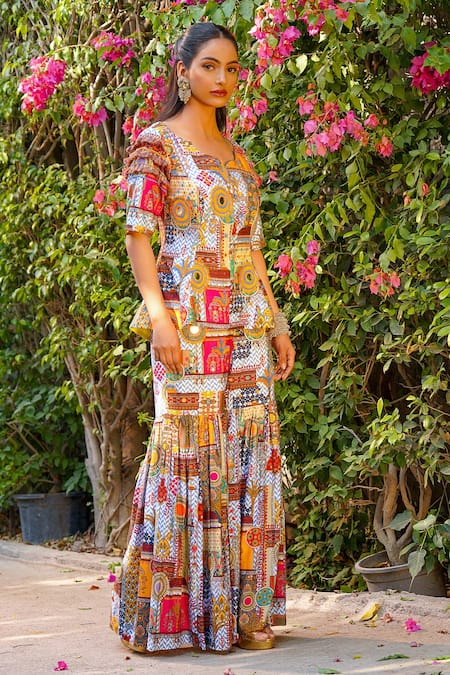 Ankur J_Multi Color Silk Embroidery Square Neck Print Designer Kurta And Sharara Set _at_Aza_Fashions