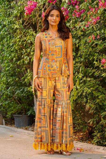 Ankur J_Multi Color Silk Tassels V-neck Pattern Dola Kurta And Gharara Set _at_Aza_Fashions