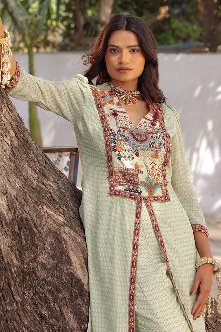 Buy_Ankur J_Multi Color Georgette Embroidery Split V-neck Designer Kurta Pant Set _Online_at_Aza_Fashions