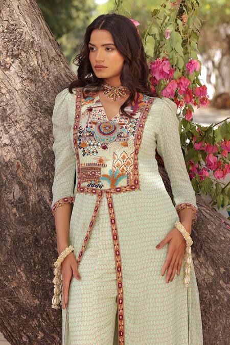 Shop_Ankur J_Multi Color Georgette Embroidery Split V-neck Designer Kurta Pant Set _Online_at_Aza_Fashions