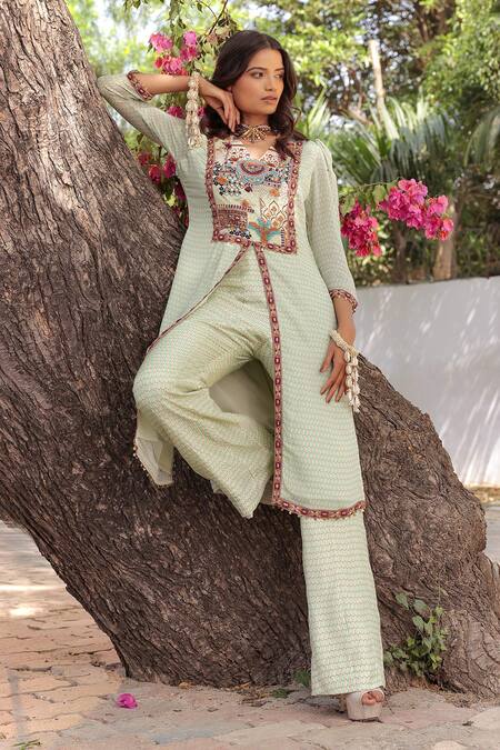 Ankur J_Multi Color Georgette Embroidery Split V-neck Designer Kurta Pant Set _at_Aza_Fashions