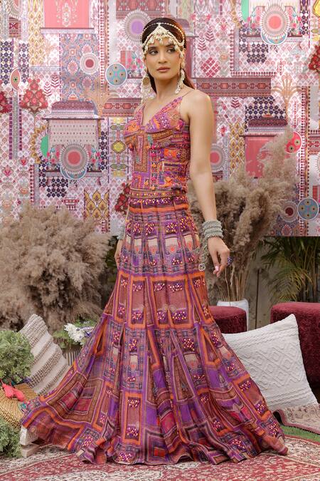 Buy_Ankur J_Purple Silk, Organza, Oxford Embroidery, Sequins Designer Dola Lehenga Set 