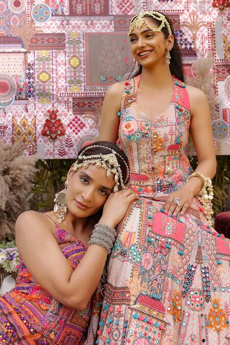 Ankur J_Multi Color Silk Sequins V-neck Dola Embroidered Lehenga Set _Online_at_Aza_Fashions