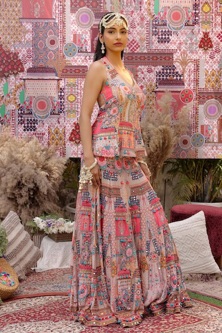 Buy_Ankur J_Multi Color Silk Sequins V-neck Dola Embroidered Lehenga Set _Online_at_Aza_Fashions