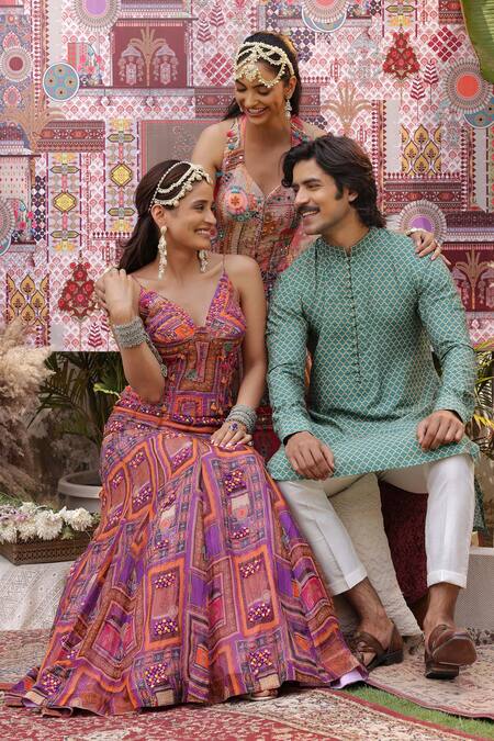 Ankur J_Multi Color Silk Sequins V-neck Dola Embroidered Lehenga Set _at_Aza_Fashions