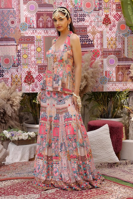 Buy_Ankur J_Multi Color Silk Sequins V-neck Dola Embroidered Lehenga Set 