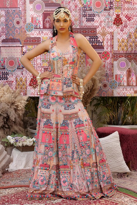 Ankur J Multi Dola Silk Embroidered Lehenga Set 