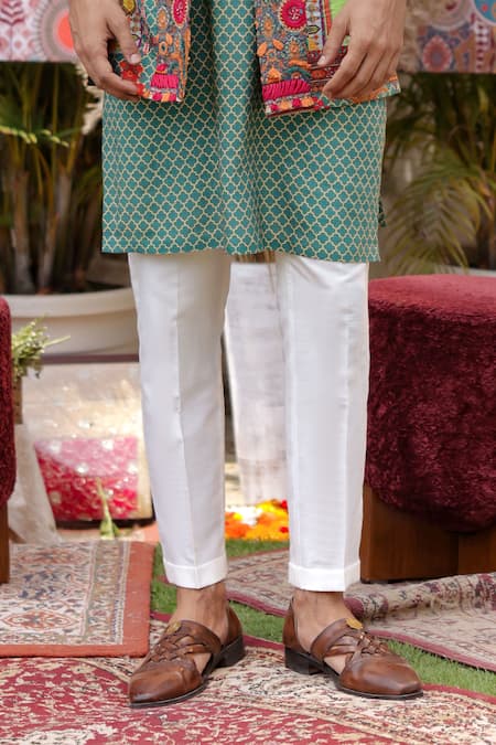 Ankur J_Green Silk Embroidery, Patchwork Multi Color Designer Bandhgala Kurta Set _Online_at_Aza_Fashions