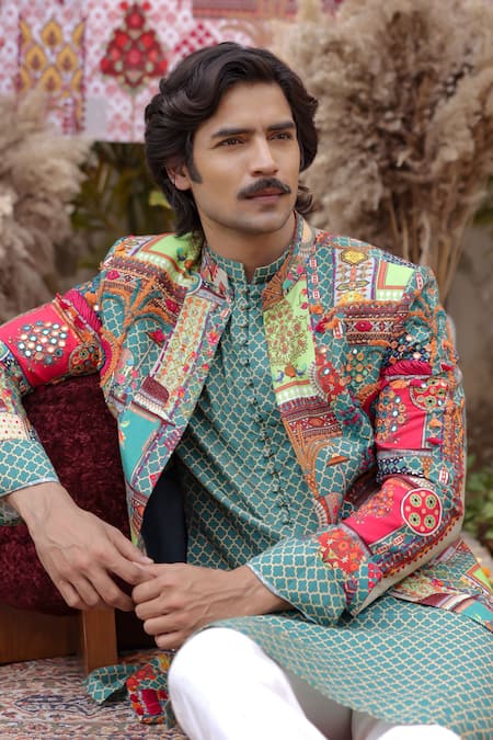Buy_Ankur J_Green Silk Embroidery, Patchwork Multi Color Designer Bandhgala Kurta Set _Online_at_Aza_Fashions