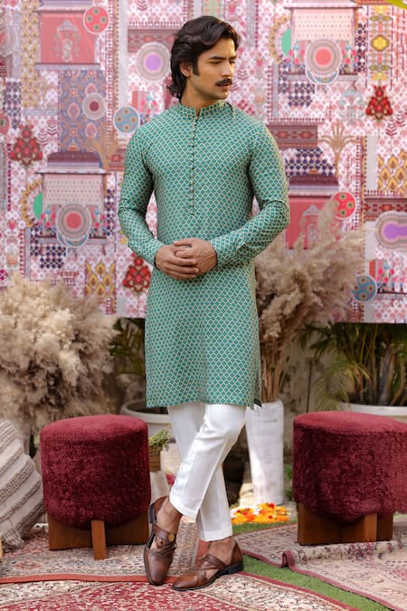 Shop_Ankur J_Green Silk Embroidery, Patchwork Multi Color Designer Bandhgala Kurta Set _Online_at_Aza_Fashions