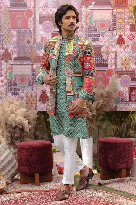 Ankur J_Green Silk Embroidery, Patchwork Multi Color Designer Bandhgala Kurta Set _at_Aza_Fashions