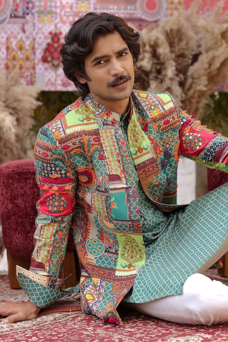 Buy_Ankur J_Green Silk Embroidery, Patchwork Multi Color Designer Bandhgala Kurta Set 