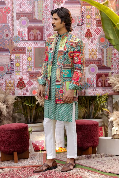 Shop_Ankur J_Green Silk Embroidery, Patchwork Multi Color Designer Bandhgala Kurta Set 