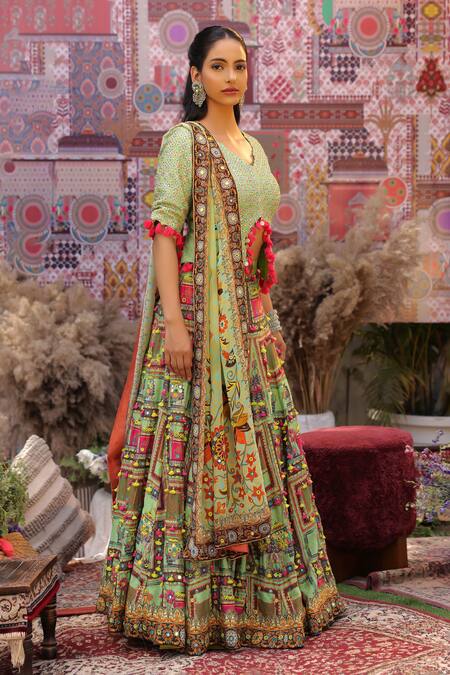 Ankur J Green Silk Sequins, Embroidery V-neck Designer Dola Lehenga Set Online at Aza Fashions Ankur J_Green Silk Sequins, Embroidery V-neck Designer Dola Lehenga Set _Online_at_Aza_Fashions