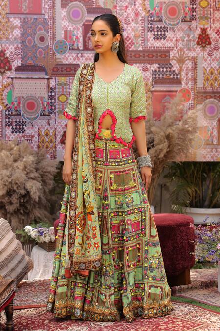 Buy Ankur J Green Silk Sequins, Embroidery V-neck Designer Dola Lehenga Set Buy_Ankur J_Green Silk Sequins, Embroidery V-neck Designer Dola Lehenga Set