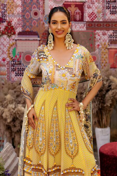 Buy_Ankur J_Yellow Georgette Embroidery V-neck Designer Anarkali Set _Online_at_Aza_Fashions