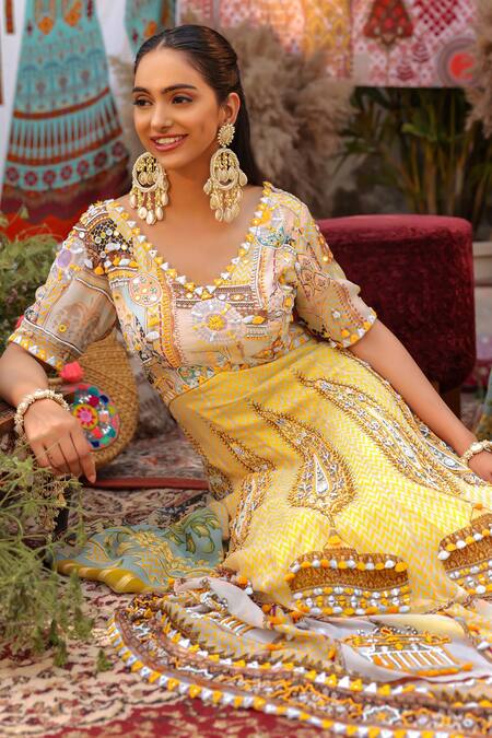 Shop_Ankur J_Yellow Georgette Embroidery V-neck Designer Anarkali Set _Online_at_Aza_Fashions
