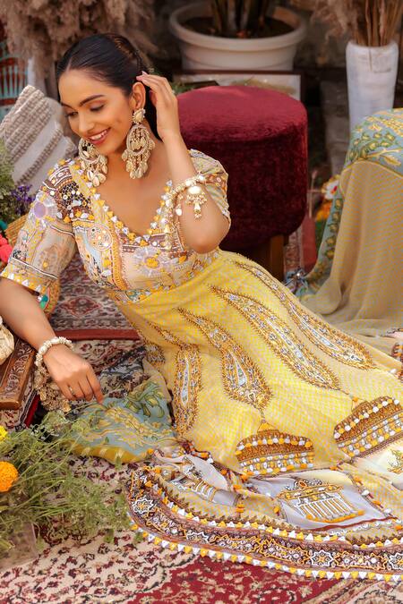 Shop_Ankur J_Yellow Georgette Embroidery V-neck Designer Anarkali Set 