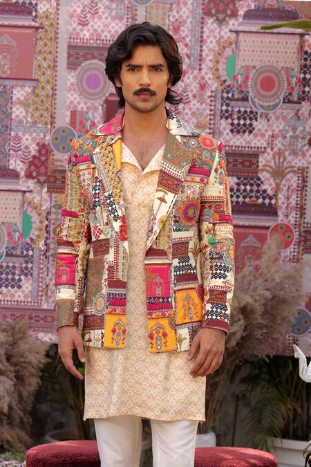 Buy_Ankur J_Yellow Silk, Cotton Embroidery, Patchwork Designer Kurta Blazer Pant Set _Online_at_Aza_Fashions