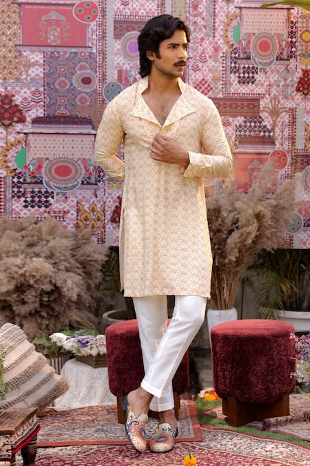 Shop_Ankur J_Yellow Silk, Cotton Embroidery, Patchwork Designer Kurta Blazer Pant Set _Online_at_Aza_Fashions