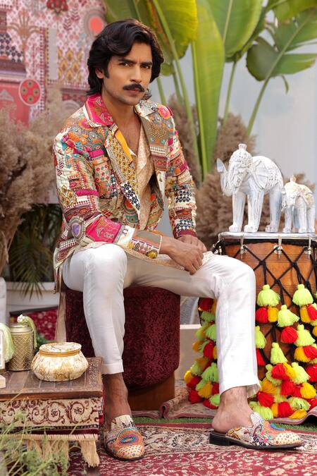 Ankur J_Yellow Silk, Cotton Embroidery, Patchwork Designer Kurta Blazer Pant Set _at_Aza_Fashions
