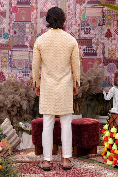 Shop_Ankur J_Yellow Silk, Cotton Embroidery, Patchwork Designer Kurta Blazer Pant Set 