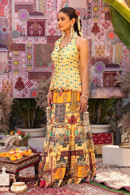 Ankur J Yellow Silk Tassels, Beads Round Neck Designer Lehenga And Blouse Set Online at Aza Fashions Ankur J_Yellow Silk Tassels, Beads Round Neck Designer Lehenga And Blouse Set _Online_at_Aza_Fashions