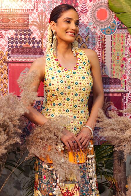 Shop Ankur J Yellow Silk Tassels, Beads Round Neck Designer Lehenga And Blouse Set Online at Aza Fashions Shop_Ankur J_Yellow Silk Tassels, Beads Round Neck Designer Lehenga And Blouse Set _Online_at_Aza_Fashions