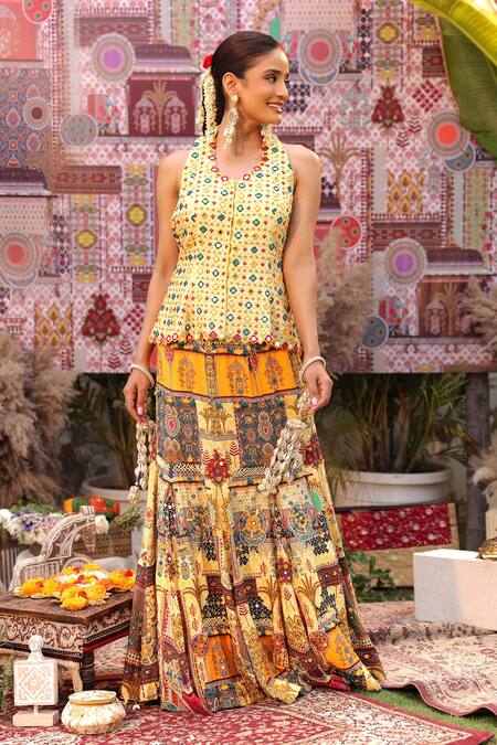 Ankur J Yellow Silk Tassels, Beads Round Neck Designer Lehenga And Blouse Set at Aza Fashions Ankur J_Yellow Silk Tassels, Beads Round Neck Designer Lehenga And Blouse Set _at_Aza_Fashions