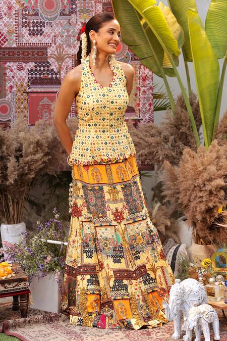 Buy Ankur J Yellow Silk Tassels, Beads Round Neck Designer Lehenga And Blouse Set Buy_Ankur J_Yellow Silk Tassels, Beads Round Neck Designer Lehenga And Blouse Set