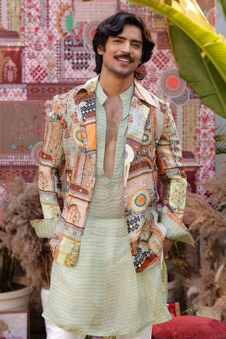 Buy Ankur J Green Silk Embroidery, Sequins Designer Multi Dola Kurta Blazer Pant Set Online at Aza Fashions Buy_Ankur J_Green Silk Embroidery, Sequins Designer Multi Dola Kurta Blazer Pant Set _Online_at_Aza_Fashions